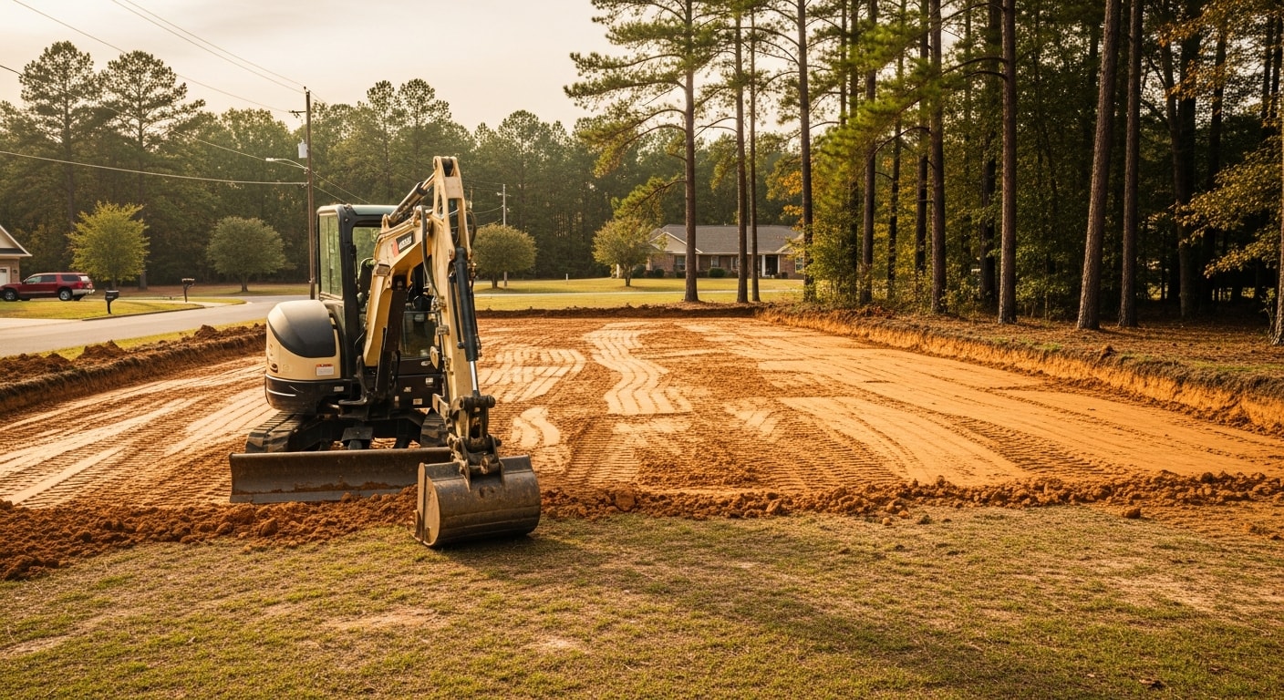 Excavator performing dirt work and site grading