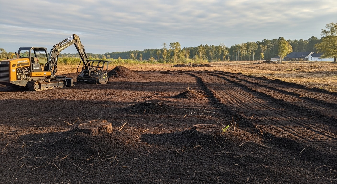 Forestry mulching equipment processing trees and brush into mulch