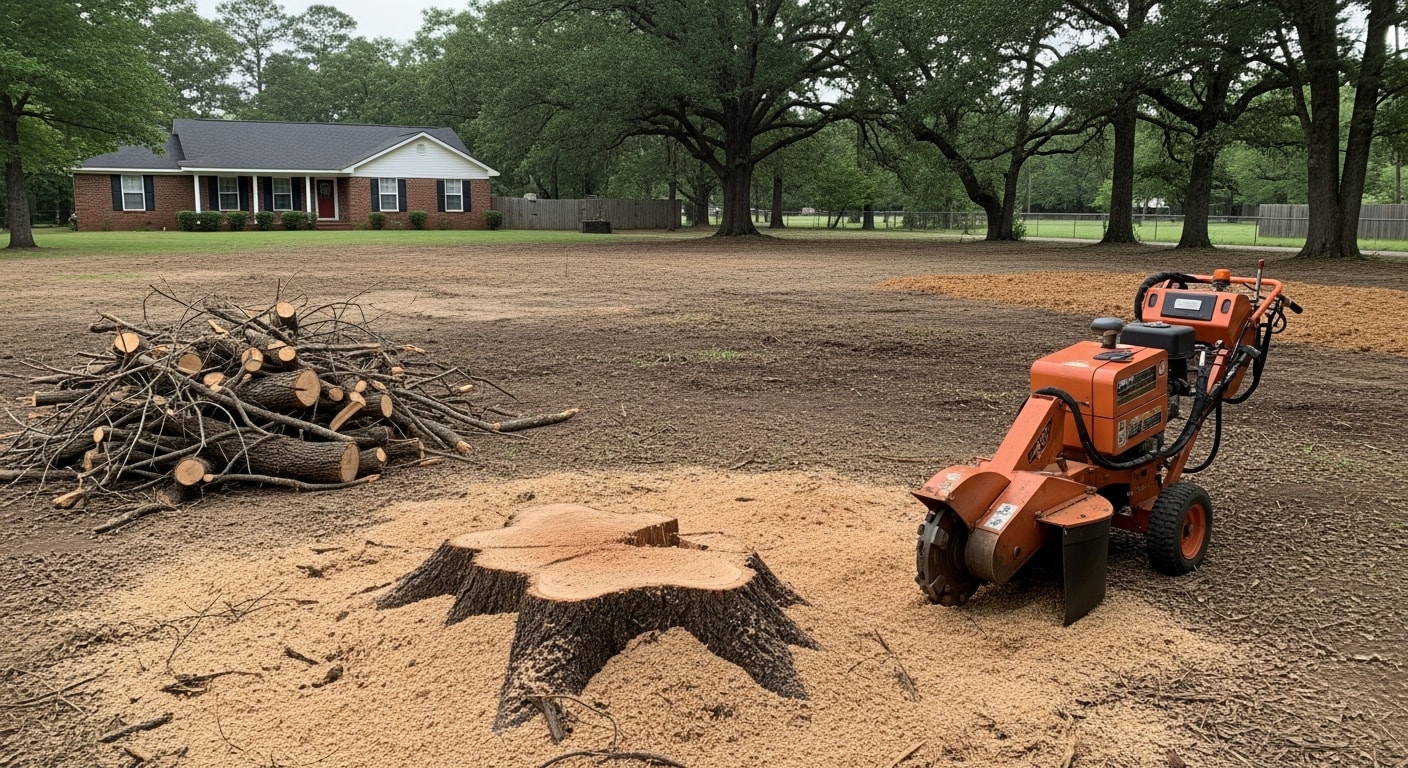 Professional tree removal equipment removing large tree