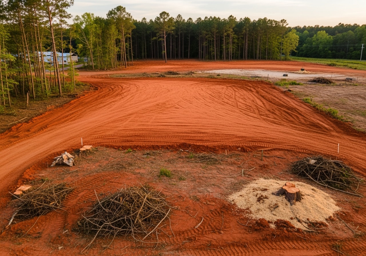 Cleared commercial lot in Madison with graded earth ready for development