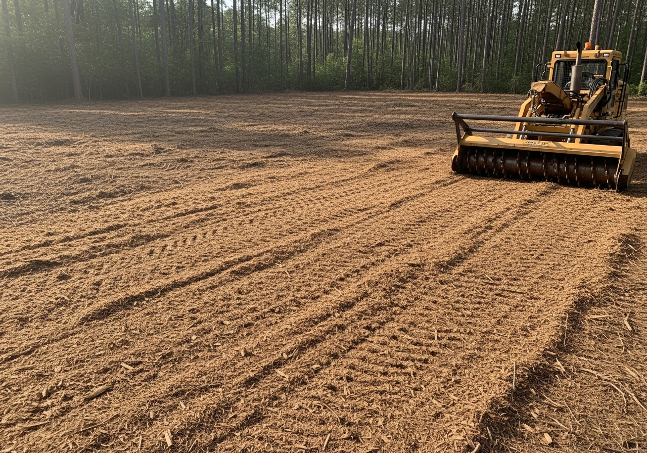 Cleared overgrown lot in Ocean Springs with mulched ground cover