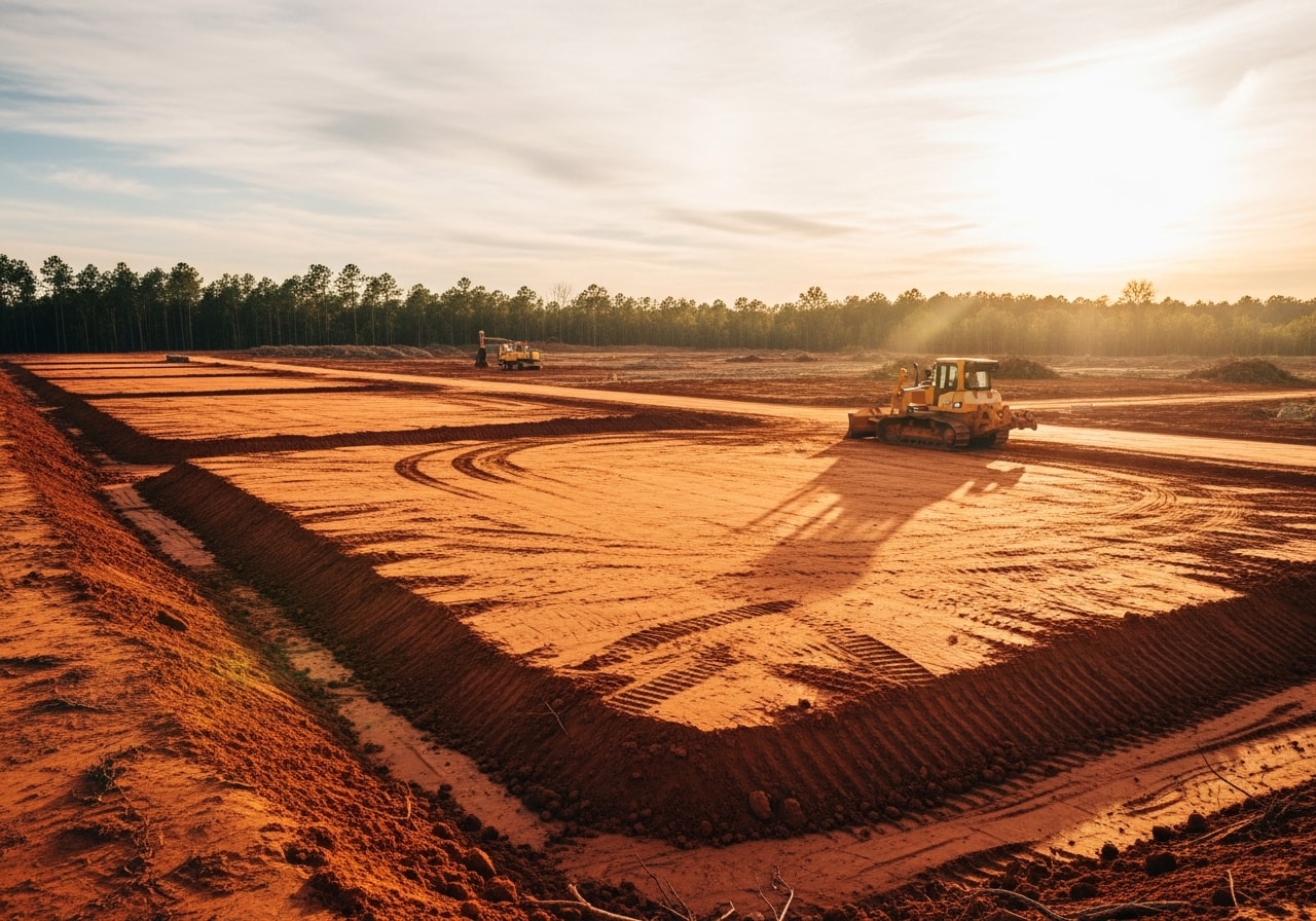 Cleared subdivision land in Hattiesburg with graded roads and building pads