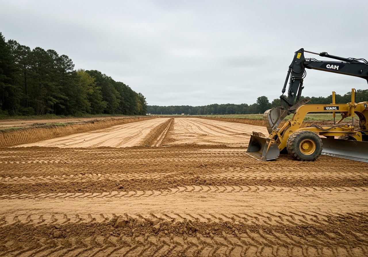 Graded industrial site in Jackson with compacted earth ready for concrete foundation