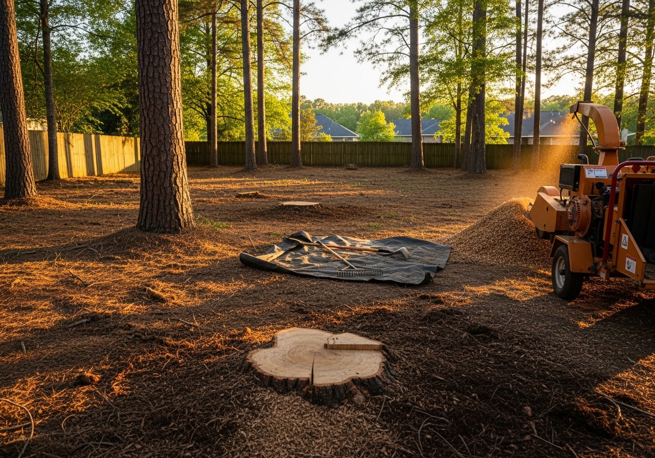 Residential yard in Oxford after tree removal and stump grinding