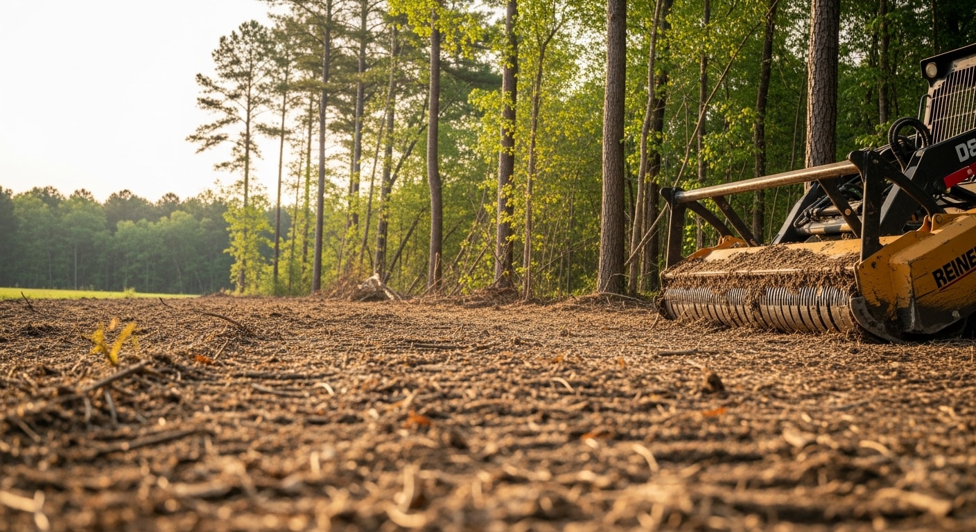 A Madison, MS residential property after forestry mulching brush removal, showing cleared ground with a natural mulch layer and standing mature trees. WW Outdoors equipment visible at the edge of the cleared area.