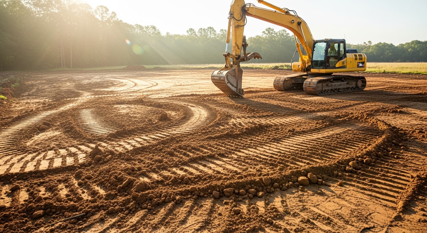 An excavator grading a cleared residential building lot in Madison, MS, with freshly shaped soil and a level building pad ready for foundation work. Surrounding trees mark the cleared property boundary on a partly cloudy Mississippi day.