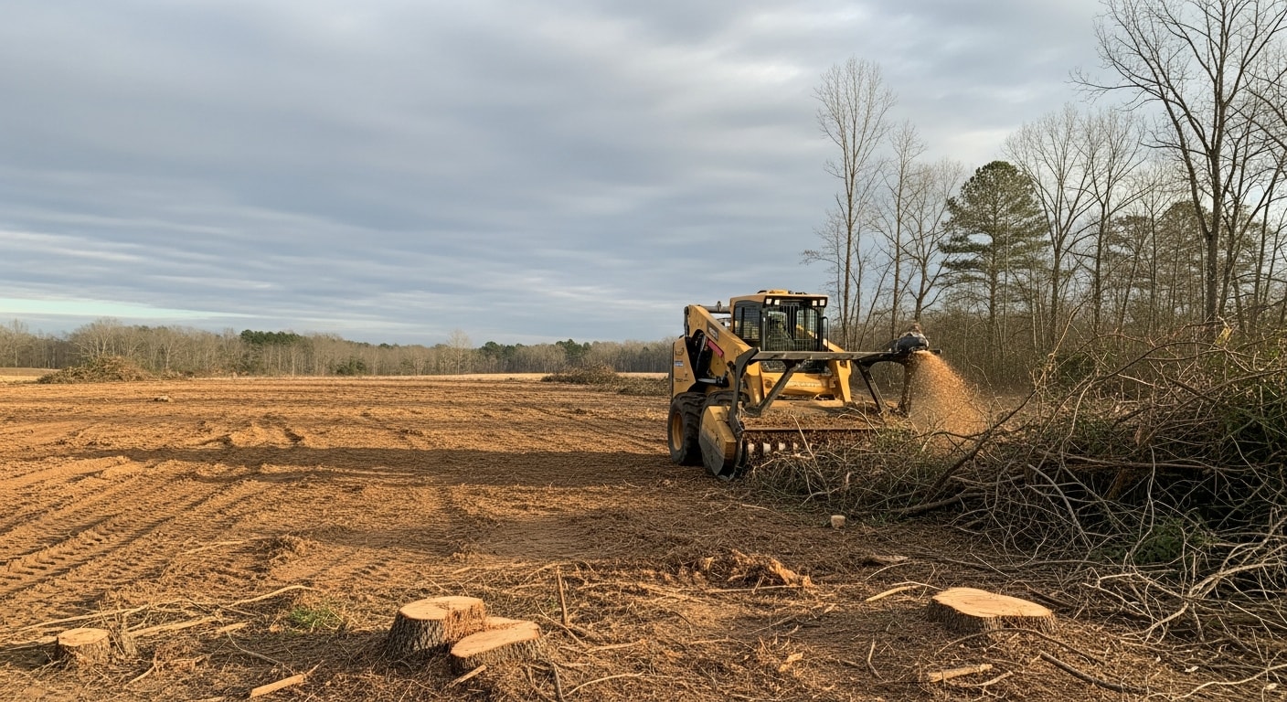 A freshly cleared commercial lot in Madison, MS with all trees, brush, and stumps removed, leaving bare level ground ready for construction. Heavy equipment sits at the edge of the cleared site with a treeline visible in the background.