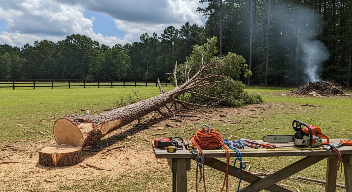 A dead loblolly pine being removed in sections by a crew in a residential yard in Madison, MS. The surrounding lawn and fence are protected while the tree is rigged and lowered to the ground.