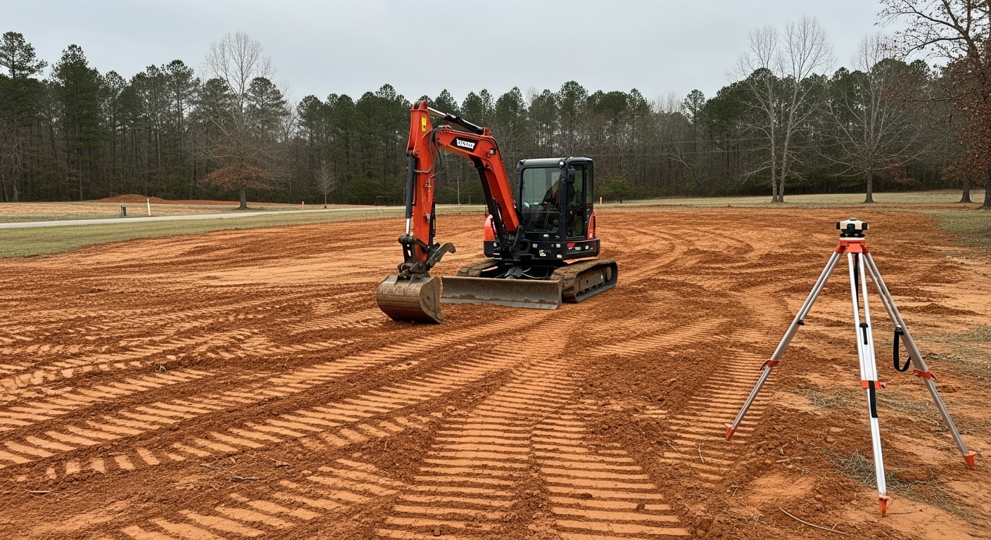 A tracked excavator grading a residential lot in Madison, MS, with freshly moved clay soil shaped into a level building pad. The surrounding terrain shows typical Madison County landscape with cleared ground ready for construction.