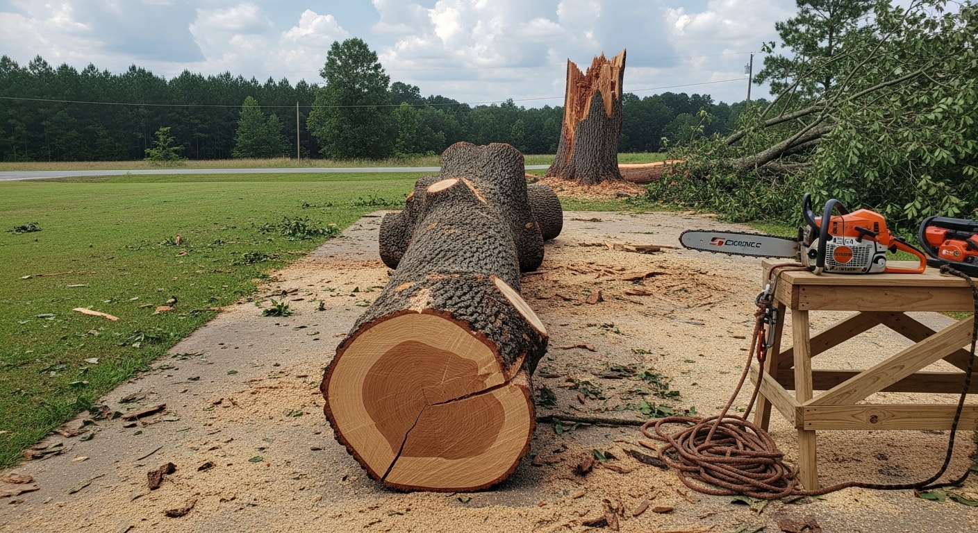 A large storm-damaged pine tree being removed in sections from a residential yard in Madison, MS. A crew member uses rigging equipment to safely lower cut sections away from the home's roofline.