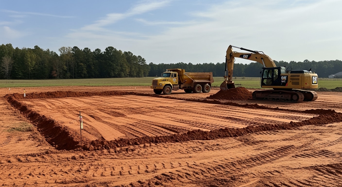 A tracked excavator grading a cleared residential lot in Madison, MS, with exposed red clay soil and a new home pad taking shape in the background. The site shows fresh cut and fill work with a smooth, sloped grade ready for construction.