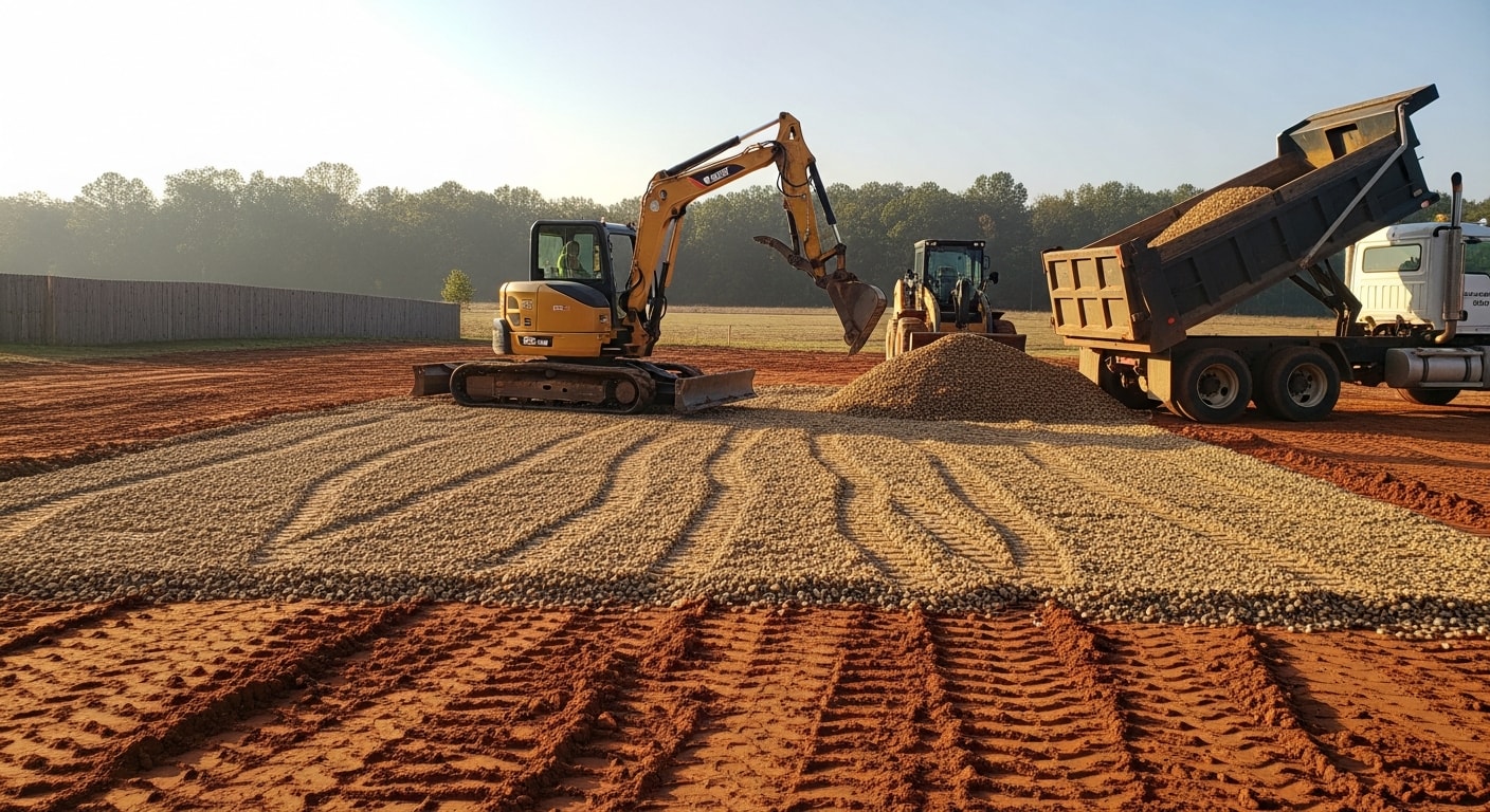 A dump truck delivering a load of fill dirt to a residential lot in Madison, MS, with a graded slope visible in the background. An excavator spreads and levels the material across a cleared section of the property.