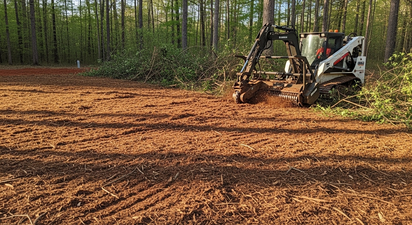 A forestry mulcher clearing dense brush and small trees on a residential property in Madison, MS, leaving a clean layer of wood mulch on the ground. The surrounding mature trees remain standing and undisturbed after the clearing work.