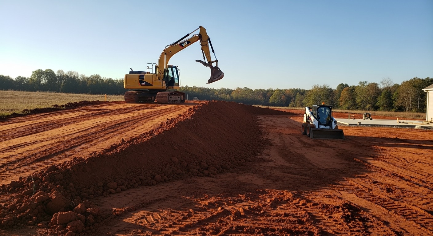 A graded residential lot in Madison, MS with a smooth, sloped surface directing water away from a house pad. An excavator is visible in the background finishing earthwork on clay soil typical of Madison County.