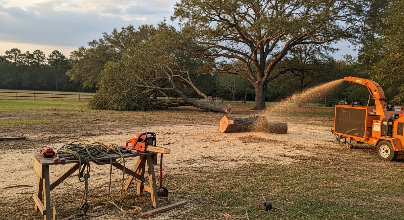 A large hazardous tree with a cracked trunk being removed in sections by a tree crew in a residential yard in Madison, Mississippi. The surrounding home and fence remain undamaged as cut sections are lowered to the ground.