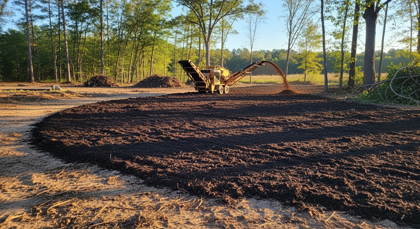 A Madison, MS wooded lot after forestry mulching invasive vegetation removal, showing cleared ground with a layer of wood chip mulch and standing native trees. A WW Outdoors forestry mulcher is visible at the edge of the cleared area.