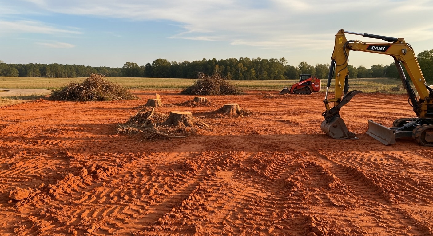 A freshly cleared residential lot in Madison, MS with trees, brush, and stumps removed, leaving bare soil ready for construction. Heavy equipment tracks are visible across the clay soil surface near a wooded tree line.