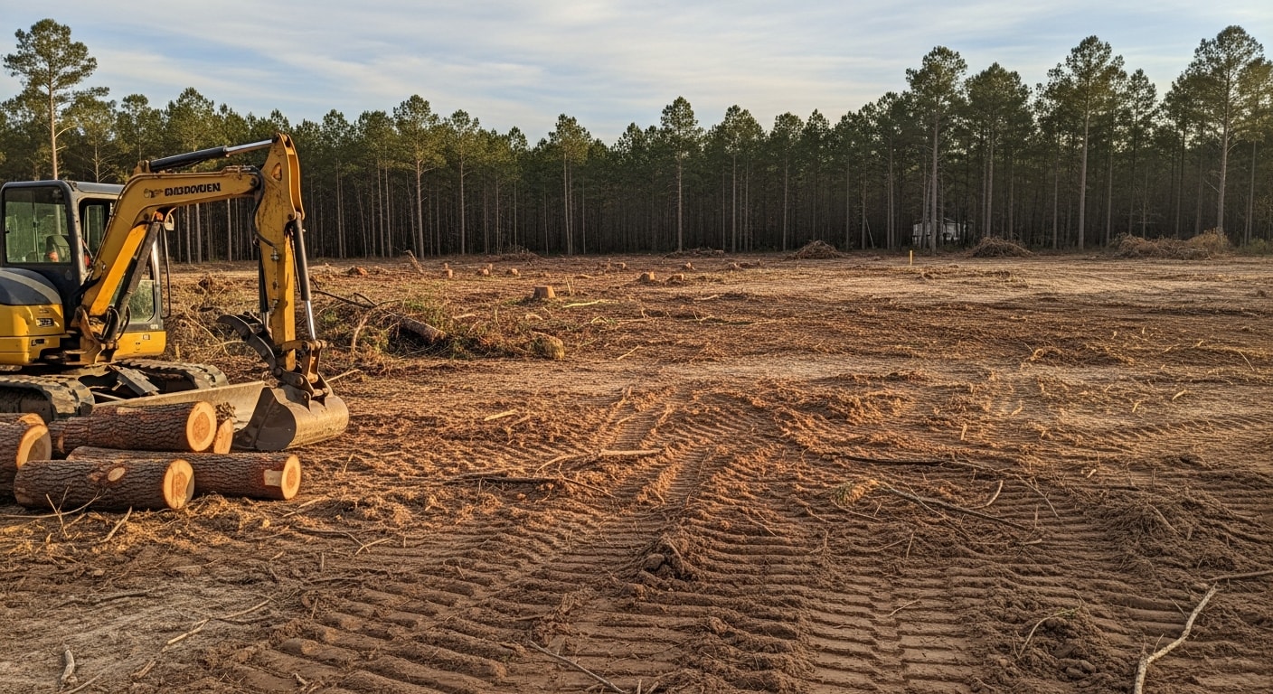 A freshly cleared residential lot in Madison, MS with stumps ground down and debris removed, showing open ground surrounded by remaining mature trees. WW Outdoors lot clearing work on a wooded Madison County property prepared for construction.