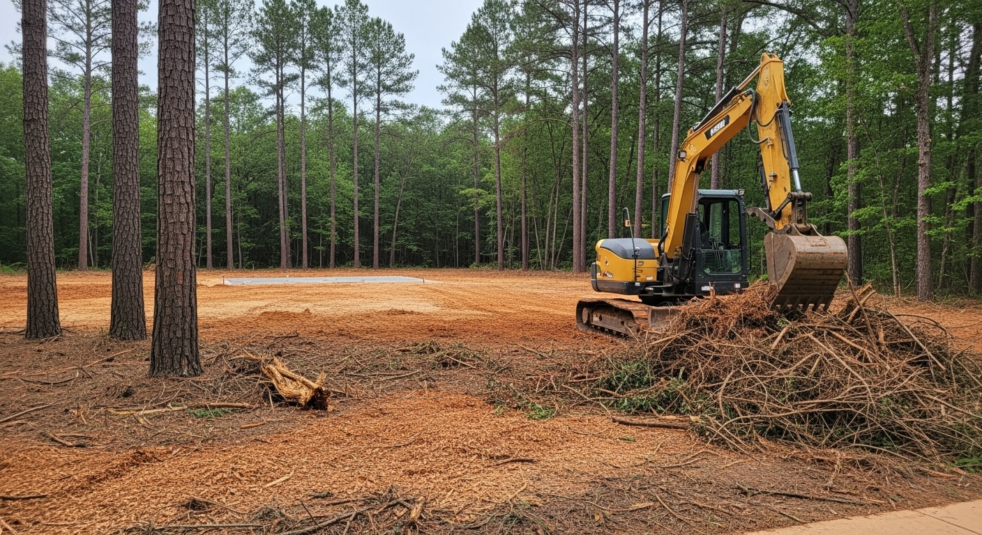 A residential lot in Madison, MS after land clearing, showing open ground with stumps removed and surrounding pine trees still standing. A WW Outdoors machine is visible at the edge of the cleared area.