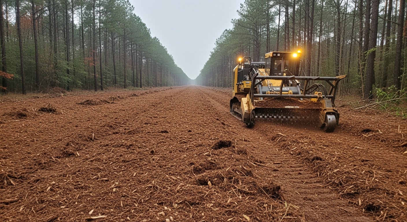 A forestry mulcher clearing a densely overgrown utility easement corridor in Madison, MS, with shredded mulch covering the ground and open access restored along the right-of-way path. The surrounding trees remain intact on either side of the cleared corridor.