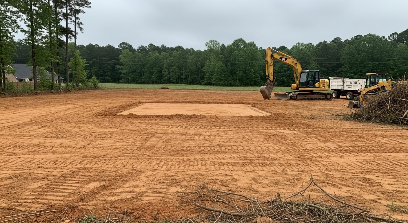 A freshly graded and cleared residential lot in Madison, MS with exposed red clay soil leveled for a building pad. Surrounding tree line remains intact while the cleared area is smooth and debris-free.