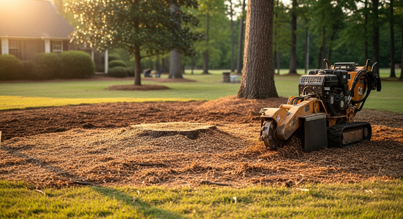A freshly ground tree stump in a residential backyard in Madison, MS, with wood chips filling the cavity and surrounding lawn left intact. The area is level and clear, showing the yard ready for new sod or landscaping.