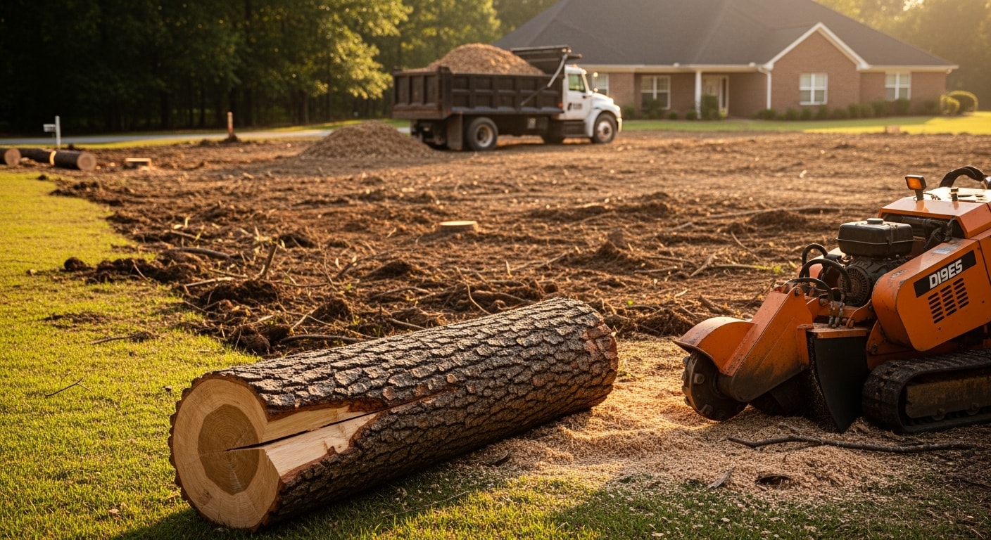 A WW Outdoors crew removing a large loblolly pine tree in a residential backyard in Madison, MS, with the trunk sectioned and lowered away from a nearby fence. The cleared yard shows freshly cut wood sections stacked near the street for haul-away.