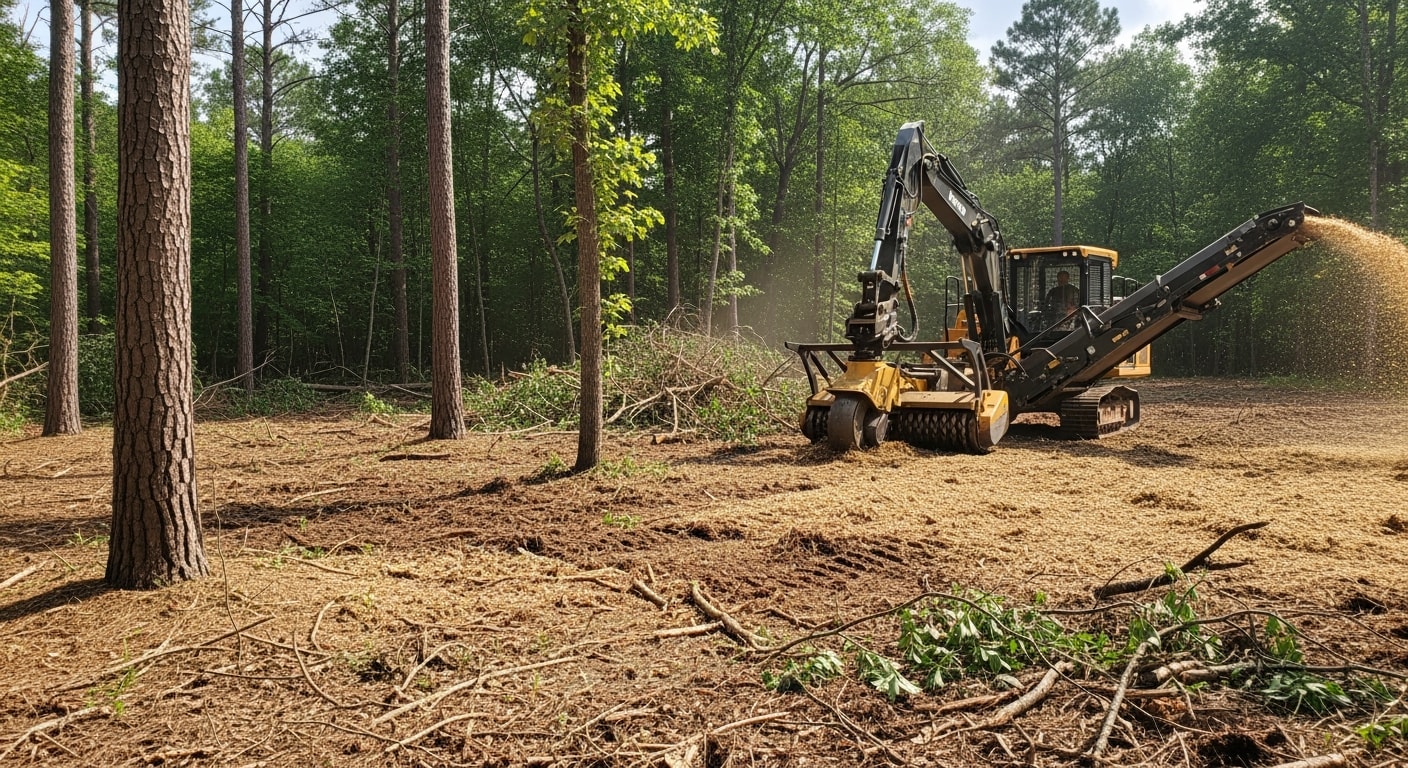 A Madison, MS property lot after forestry mulching vegetation removal, showing cleared ground with a layer of wood chip mulch and open access where dense brush and trees once stood. WW Outdoors equipment visible at the edge of the cleared area.